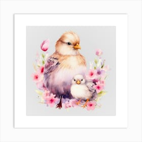 Watercolor Spring Mama And Baby Chickens Art Print