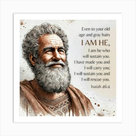 Bible Verse, Isaiah 46:4, Even to your old age and gray hairs I am he, I am he who will sustain you. I have made you and I will carry you; I will sustain you and I will rescue you, Ancient near eastern man, Water color, Art, Christian, Old Man, Trust, Contentment 1 Art Print