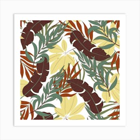 Botanical Seamless Tropical Pattern With Bright Red Green Plants Leaves Art Print