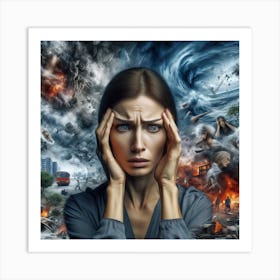 A Realistic Image Of A Woman In A State Of Stress, With Her Hands Pressing Against Her Temples Art Print