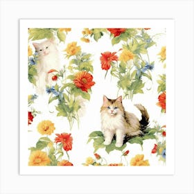 Cats And Flowers Art Print