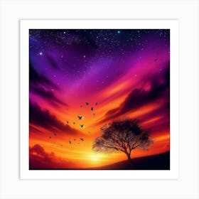 Sunset With Birds 2 Art Print