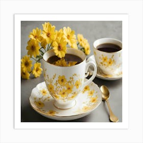 Cup Of Coffee With Yellow Flowers Art Print