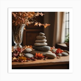 A Pyramid Of Rocks Sits On A Wooden Table Surrounded By Fallen Leaves, Flowers, And A Chair In A Cozy Natural Indoor Setting 2 Art Print