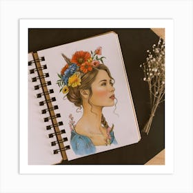 Watercolor Of A Girl With Flowers Art Print