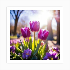 Bouquet Of Vibrant Purple Tulips Rising Toward A Majestic Sun In A Lush Spring Park Three Graceful (4) Art Print