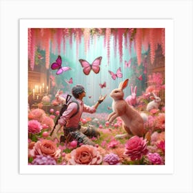 Rabbit In A Flower Garden WHITH pubg character Art Print