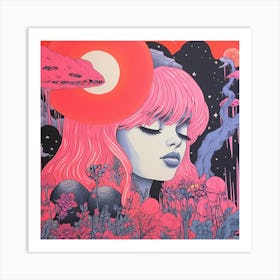 Ethereal Girl Surreal Risograph Illustration, Bubblegum Colours 4, Witch & Moon Art Print