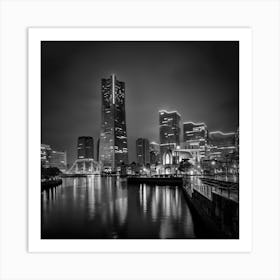 Fascinating Monochrome Yokohama Skyline At Night Art Print