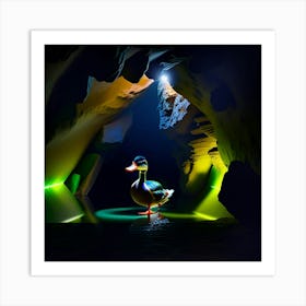 Shining light with duck in the bat cave  Art Print