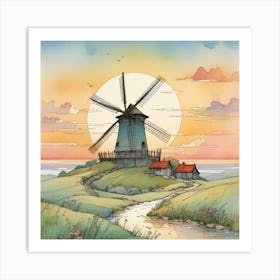 Windmill At Sunset Art Print