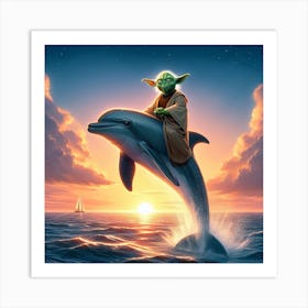 Yoda Riding A Dolphin At Sunset Star Wars Art Print Art Print