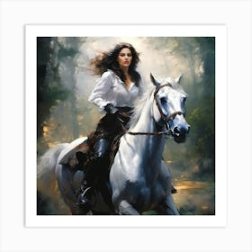 Woman Riding A White Horse Art Print