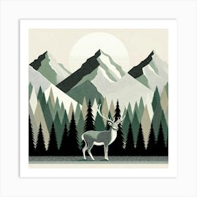 "Lunar Stag"   Under a serene moon, a noble stag stands guard before a backdrop of stylized mountains and pines. The harmonious palette and textured layers craft a peaceful wilderness scene, blending the grace of wildlife with the timeless beauty of the landscape. This piece exudes a calm, majestic presence, perfect for invoking the spirit of nature in any space. Art Print