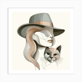 The Woman In The Hat And Her Cat - Minimal Abstract Color Drawing Art Print