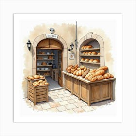 Watercolor Of A Traditional Italian Bakery With Fresh Bread And Pastries 1 Art Print