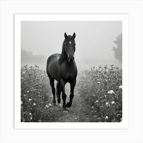 Black Horse In A Foggy Field 3 Art Print