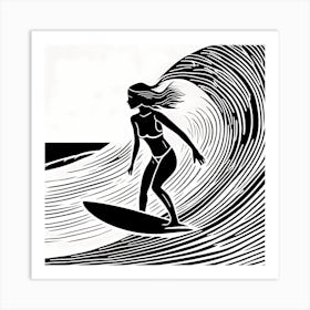 Linocut Black And White Surfer Girl On A Wave art, surfing art, 247 Art Print