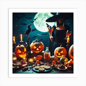 Halloween Witch With Pumpkins Art Print