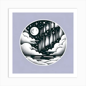 "Monochromatic Moonlight Serenade"  'Monochromatic Moonlight Serenade' captures the tranquil essence of a night sky, depicted in a circular frame that focuses the viewer’s gaze on a stylized celestial dance. This artwork, rendered in a classic monochrome palette, utilizes the contrast of light and dark to depict the luminosity of the moon and stars amidst the soft textures of clouds and the falling night rain. Perfect for those who appreciate the quiet beauty of the night and the soothing simplicity of black and white art, this piece brings a sense of peace and contemplation to any space. Art Print