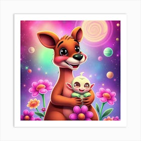 Cute Alien Baby And Kangaroo Art Print