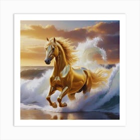 Golden Horse In The Ocean Art Print