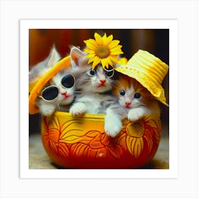 Kittens And Sunflowers In Pots 3 Art Print