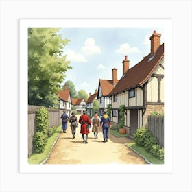 Watercolor Scene Of An English Historical Village With Reenactors In Traditional Dress 1 Art Print