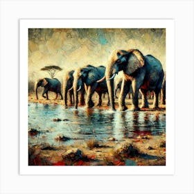 An Abstract Painting Of A Herd Of Elephants At A Watering Hole In The Savanna.AI 1 Art Print