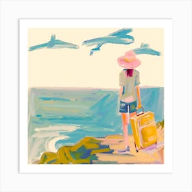 Girl With Suitcase On The Beach Art Print