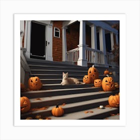 Halloween Cat On Steps 3 Art Print