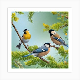 Three Birds On A Branch Art Print