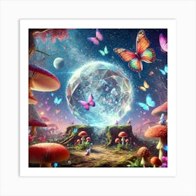 Mushroom Forest With Butterflies Art Print