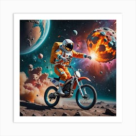 Astronaut Riding A Motorcycle In Space Art Print