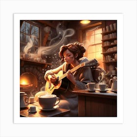 Girl Playing Guitar In The Living Room Art Print