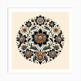 Batik, Black And Orange Floral Pattern  Art Print