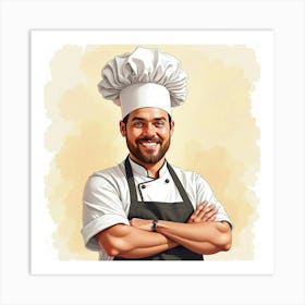 Watercolor Portrait Of A French Chef, Warm And Inviting Tones 1 Art Print