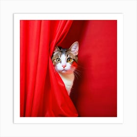 A Curious Cat Peeking Out From Behind A Curtain Art Print