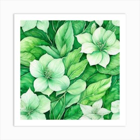 White Flowers On Green Background Art Print