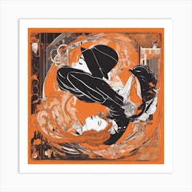 A Silhouette Of A Man Wearing A Black Hat And Laying On Her Back On A Orange Screen, In The Style Of (4) Art Print