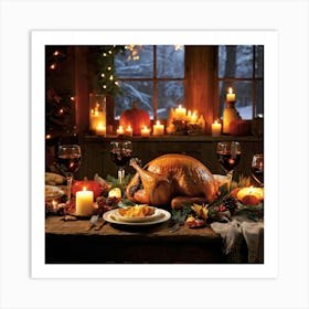 An Inviting Feast Unfolds In A Homey Abundant Setting Right At The Center A Roasted Turkey Radiati 2 1 Art Print