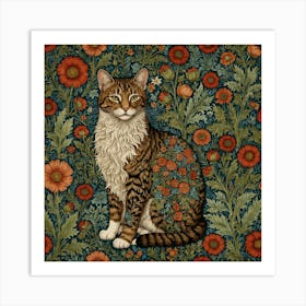 William Morris Style Botanical Cat Textiles Art Print Art Print