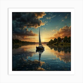 Art On A Cracked Paper, Mosaic, Double Exposure, Boat Gently Bobbing On Calm Water Marks The End Of Summer Art Print