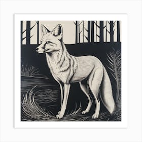 Fox In The Woods Linocut Art Print