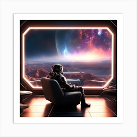 The Image Depicts A Futuristic Space Scene With A Man Sitting On A Couch In Front Of A Large Window That Offers A Breathtaking View Of The Galaxy 2 Art Print