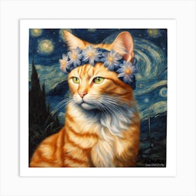 Ginger Flowers Cat Art Print