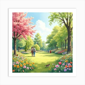 A Watercolor Of An English Spring Garden With People Enjoying The Blooming Flowers And Sunny Weather 1 Art Print