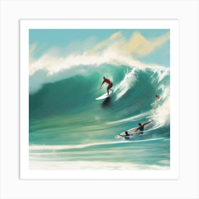 Surfers On A Wave Art Print