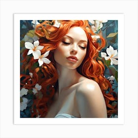 Red Haired Girl With Flowers 1 Art Print