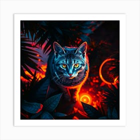 Cat With Neon Lights Art Print